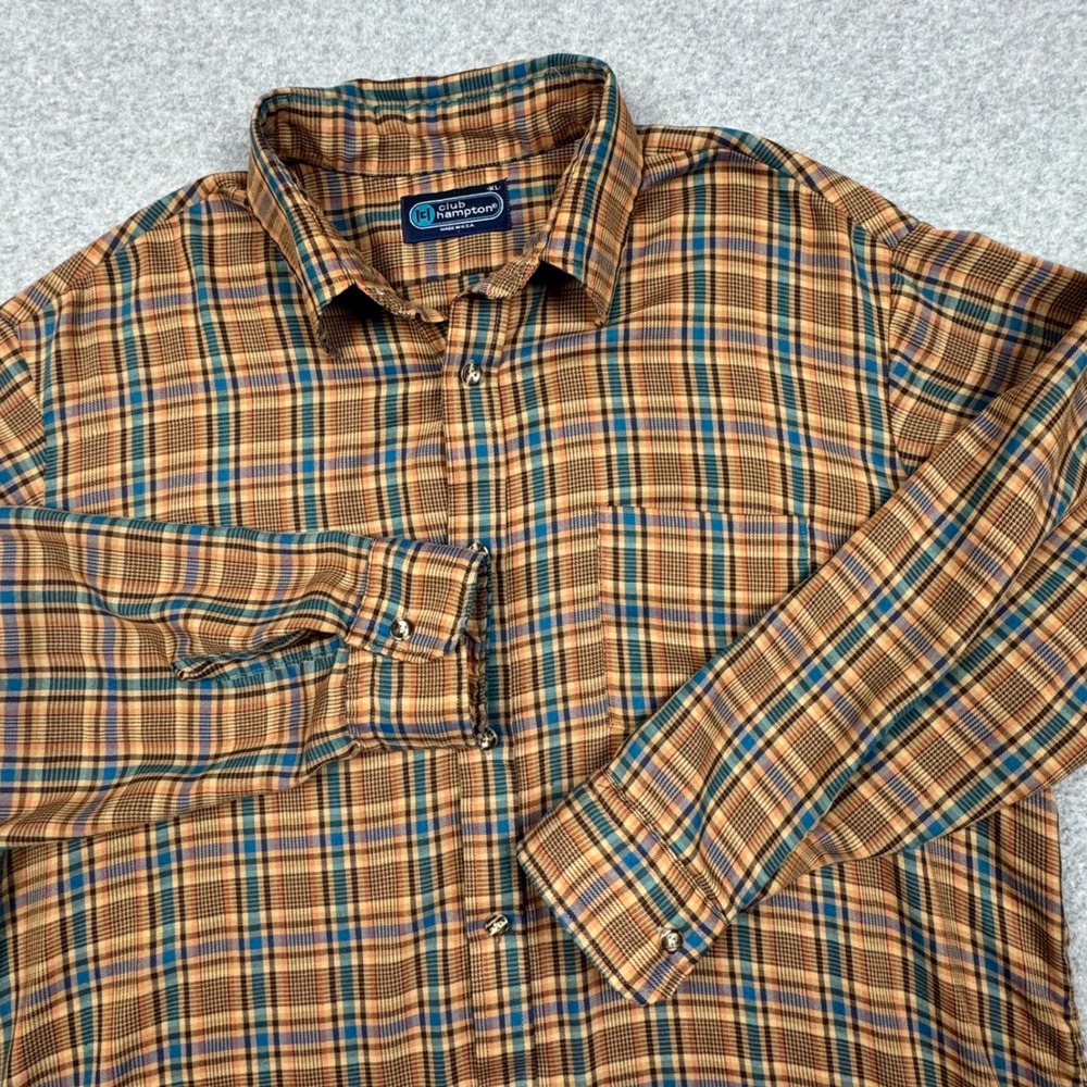 Vintage Club Hampton Plaid Button Down Shirt Mens XL Brown Blue Made in USA
